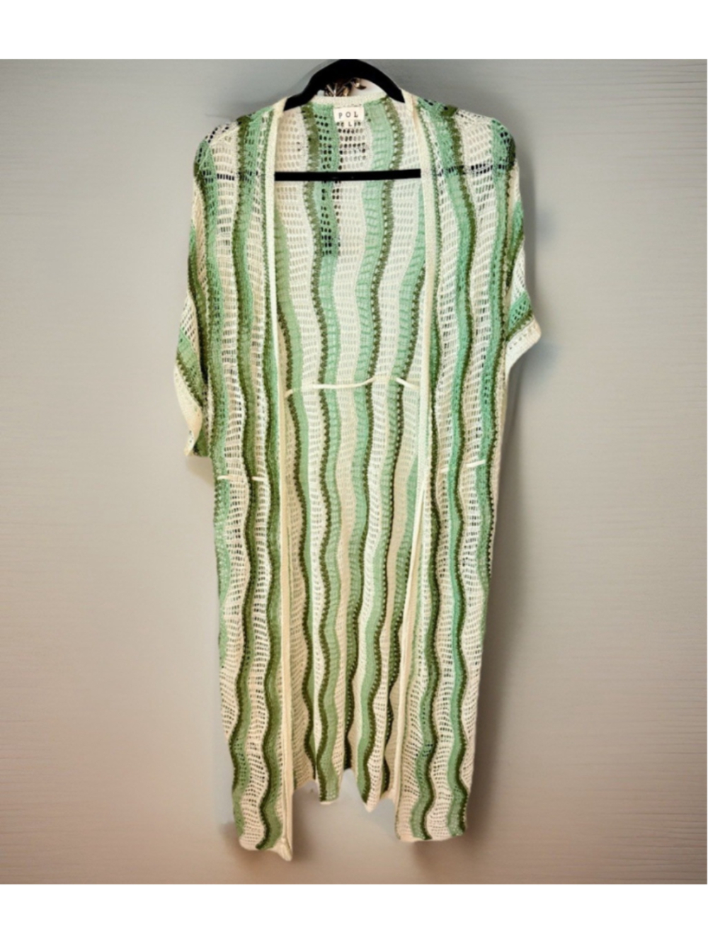 POL Crochet Knit Long Cardigan Duster Green Ivory Open Front Boho Size L